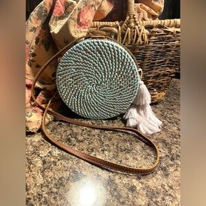 Rattan w Turquoise Weave Round Purse Crossbody Leather Strap w Tassel 8”